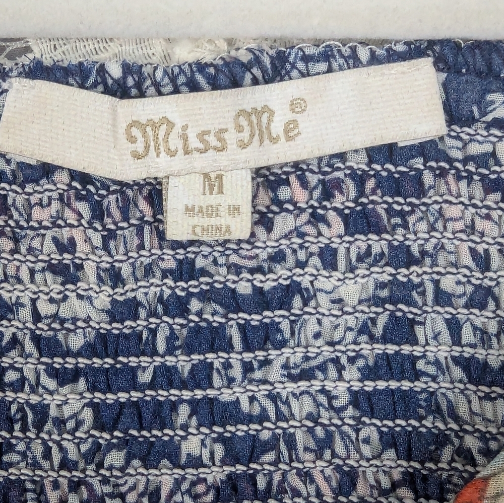 Miss Me Medium Boho Blouse Navy/Orange/Cream Lace Shoulders V-Neck - Picture 6 of 12